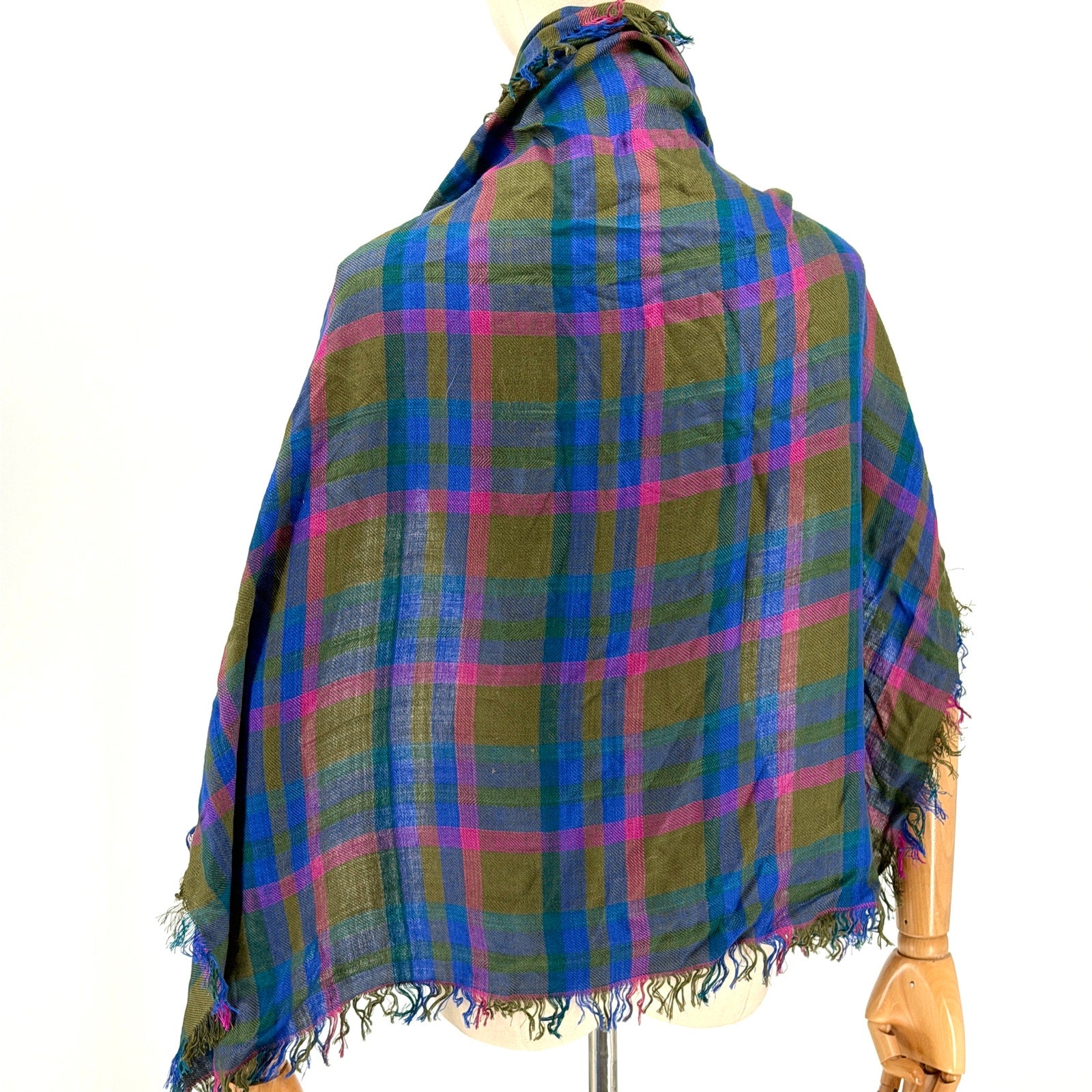 Vintage 70s Echo Olive Blue Pink Plaid Square Scarf