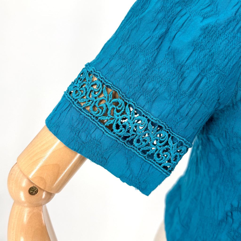 Vintage 90s Karin Stevens Teal Rayon Crinkle Lace Open Back Top