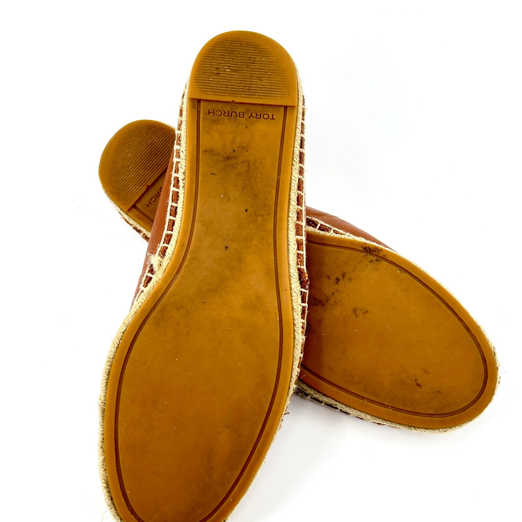 Tory Burch Tan Genuine Leather Logo Jute Espadrille Flats