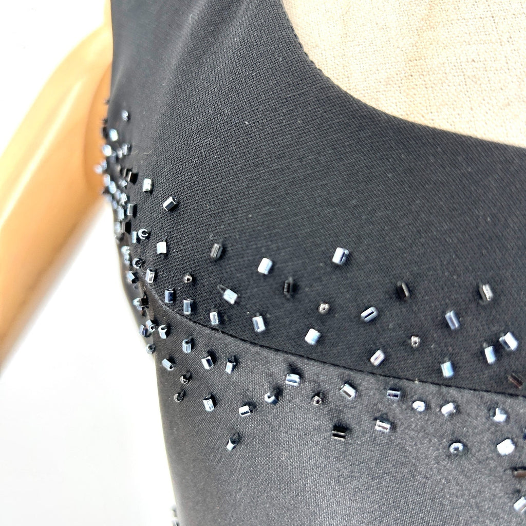 Vintage 90s Evan-Picone Black Beaded Satin Trim Cocktail Midi Dress