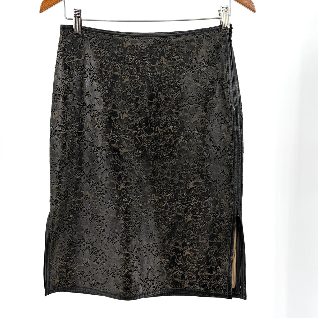 Vintage 90s Anne Klein Black Genuine Leather Floral Laser Cut Pencil Skirt