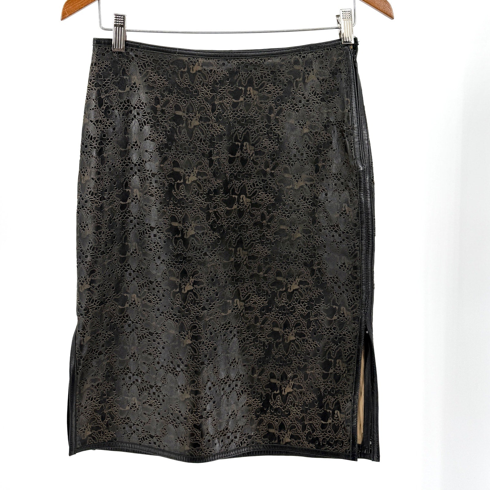 Vintage 90s Anne Klein Black Genuine Leather Floral Laser Cut Pencil Skirt