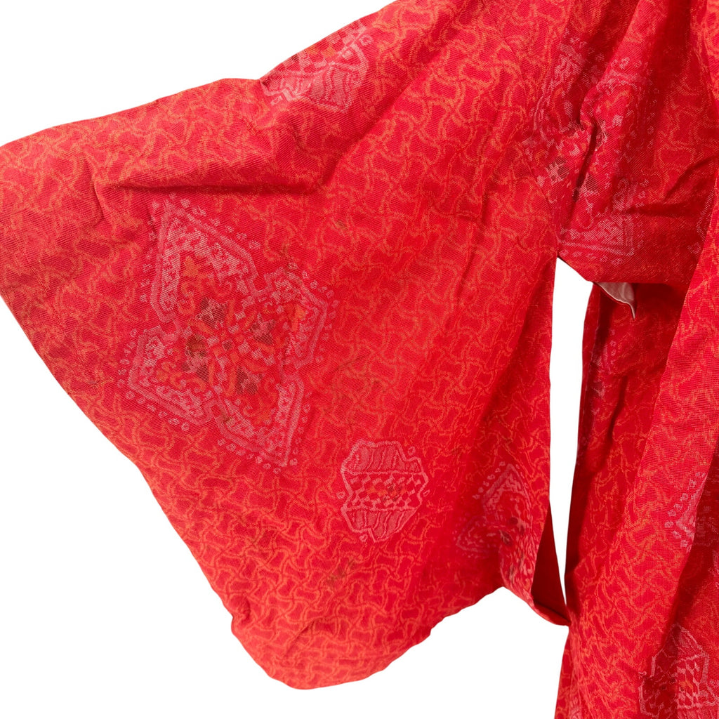 Vintage 50s Showa Era Red Orange 100% Woven Tsumugi Silk Kasuri Ikat Kimono Robe