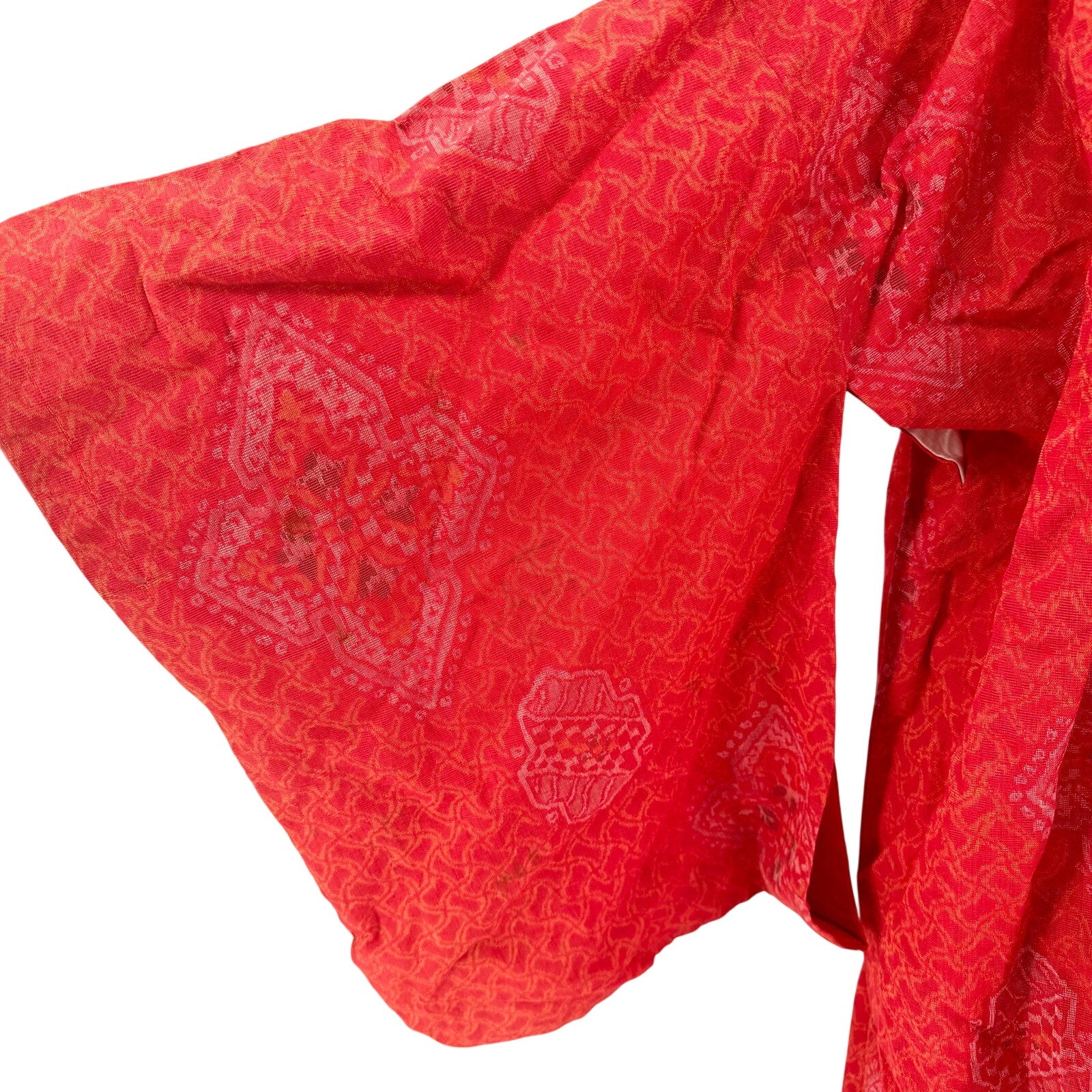 Vintage 50s Showa Era Red Orange 100% Woven Tsumugi Silk Kasuri Ikat Kimono Robe
