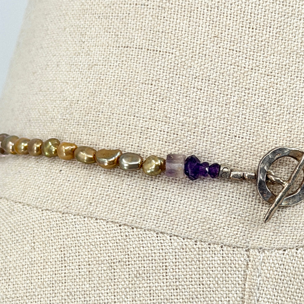 Vintage 90s Copper Tone Pearl Amethyst Ice Jadeite Disk Toggle Necklace