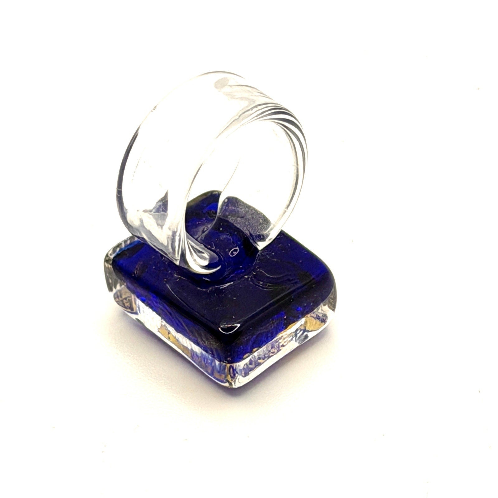 Vintage 90s Handblown Cobalt Blue Gold Foil Abstract Glass Modernist Ring