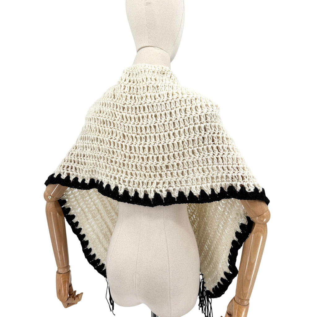 Vintage 80s Cream Black Handmade Crochet Knit Scalloped Trim Fringe Shawl