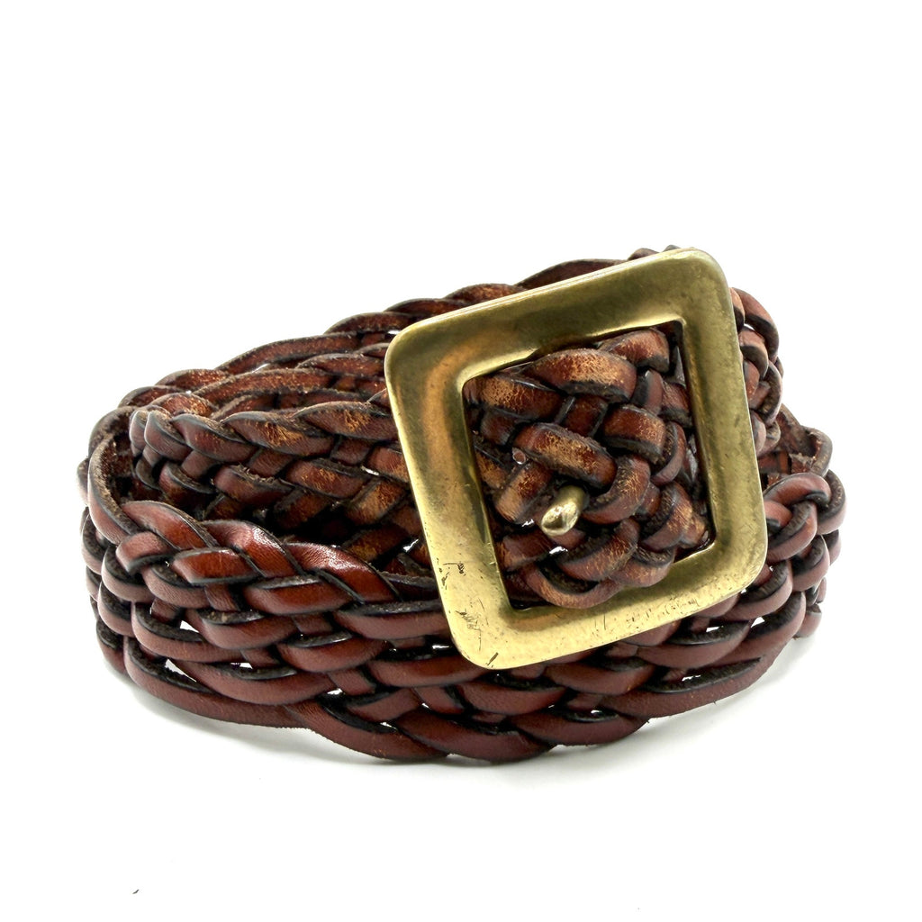 Vintage 90s Talbots Brown Genuine Leather Woven Brass Buckle Belt
