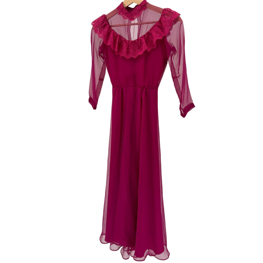 Vintage 70s Handmade Pink Fuchsia Sheer Lace Ruffle High Neck Maxi Dress