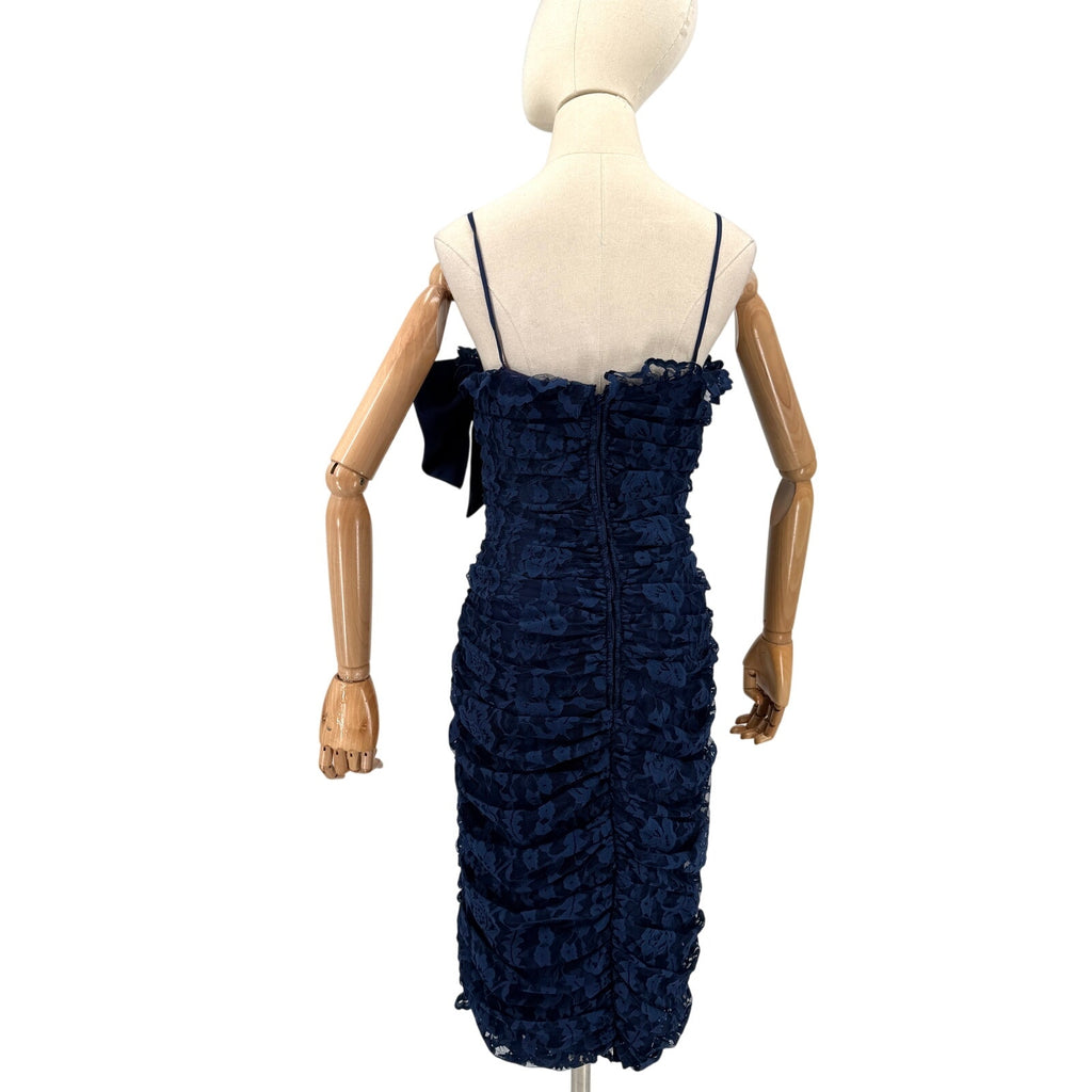Vintage 80s Lillie Rubin Navy Blue Lace Bow Ruched Bodycon Wiggle Dress