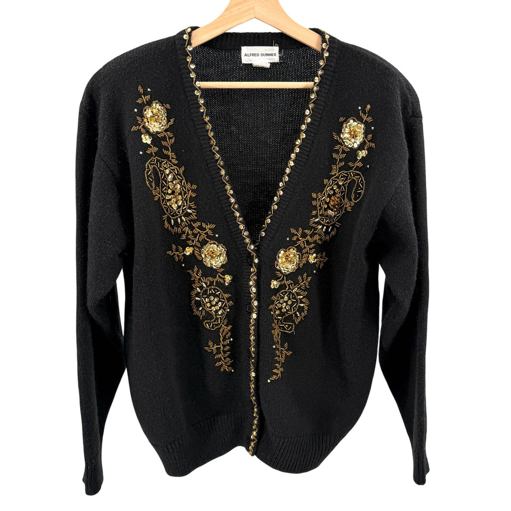 Vintage 90s Alfred Dunner Black Gold Sequin Beaded Cardigan