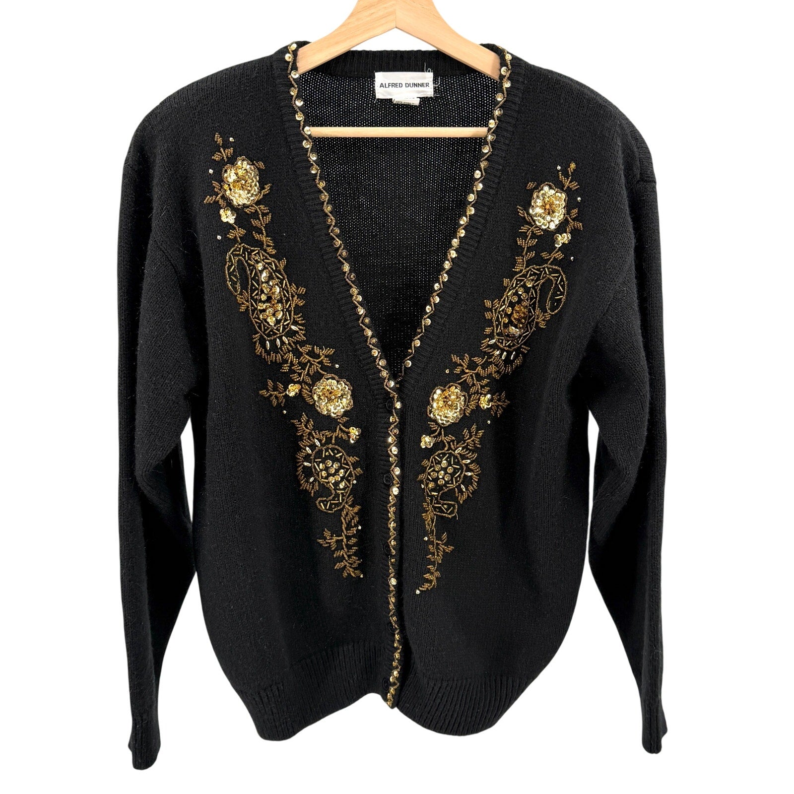Vintage 90s Alfred Dunner Black Gold Sequin Beaded Cardigan