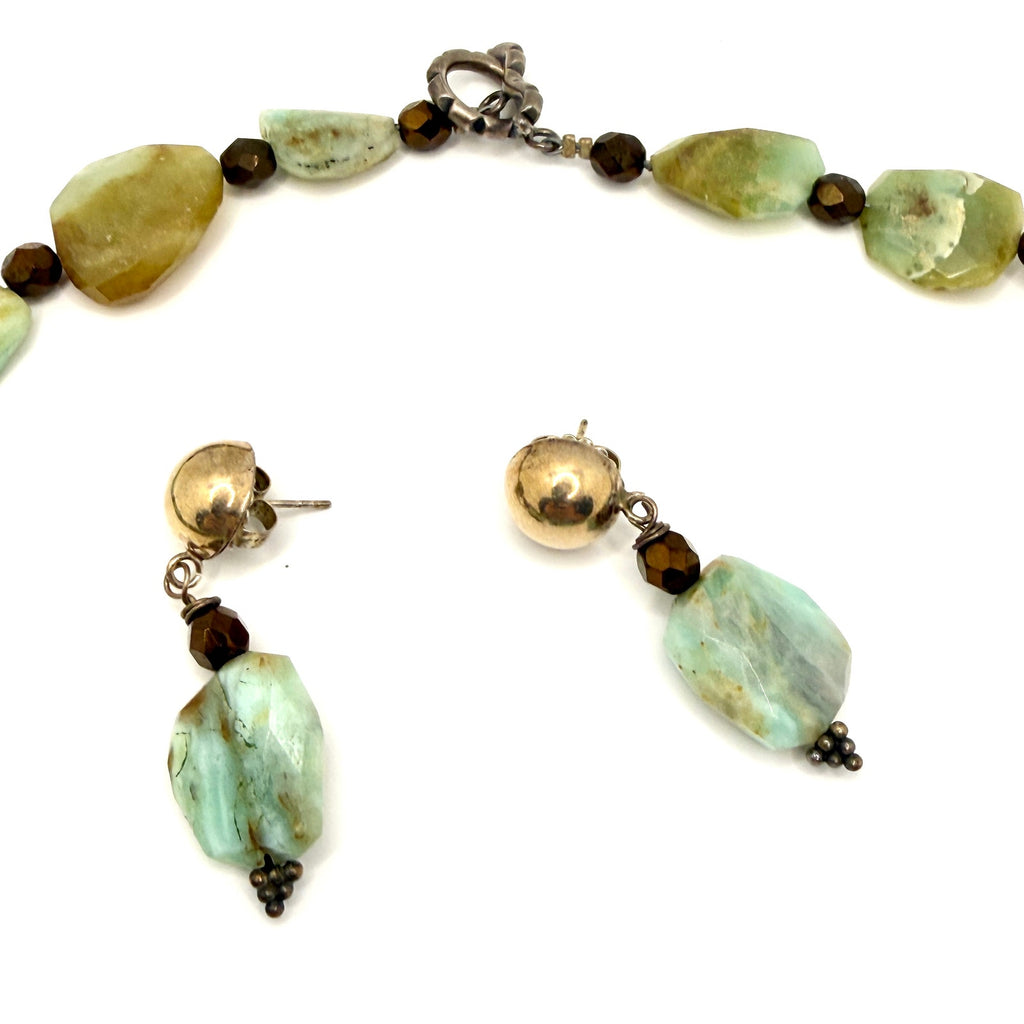 Vintage 90s Blue Green Amazonite Chunk Necklace and Stud Drop Earring Set