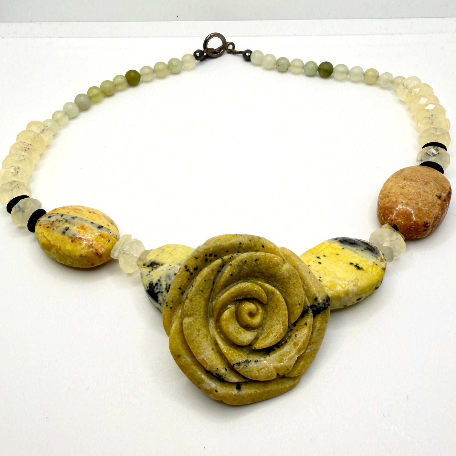Vintage 90s Yellow Carved Stone Rose Jasper Beaded Boho Chunky Toggle Necklace