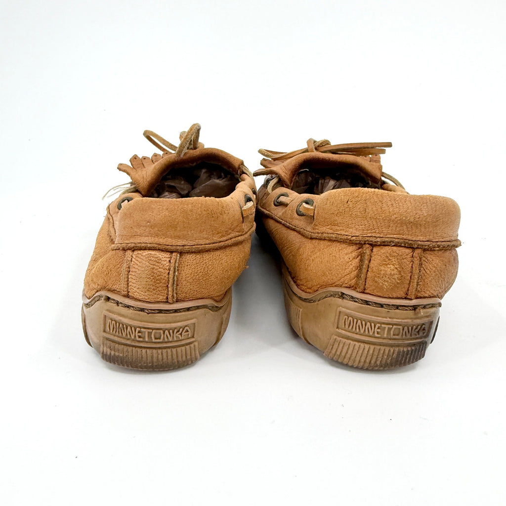 Vintage 90s Minnetonka Tan Genuine Leather Fringe Moccasin Loafers