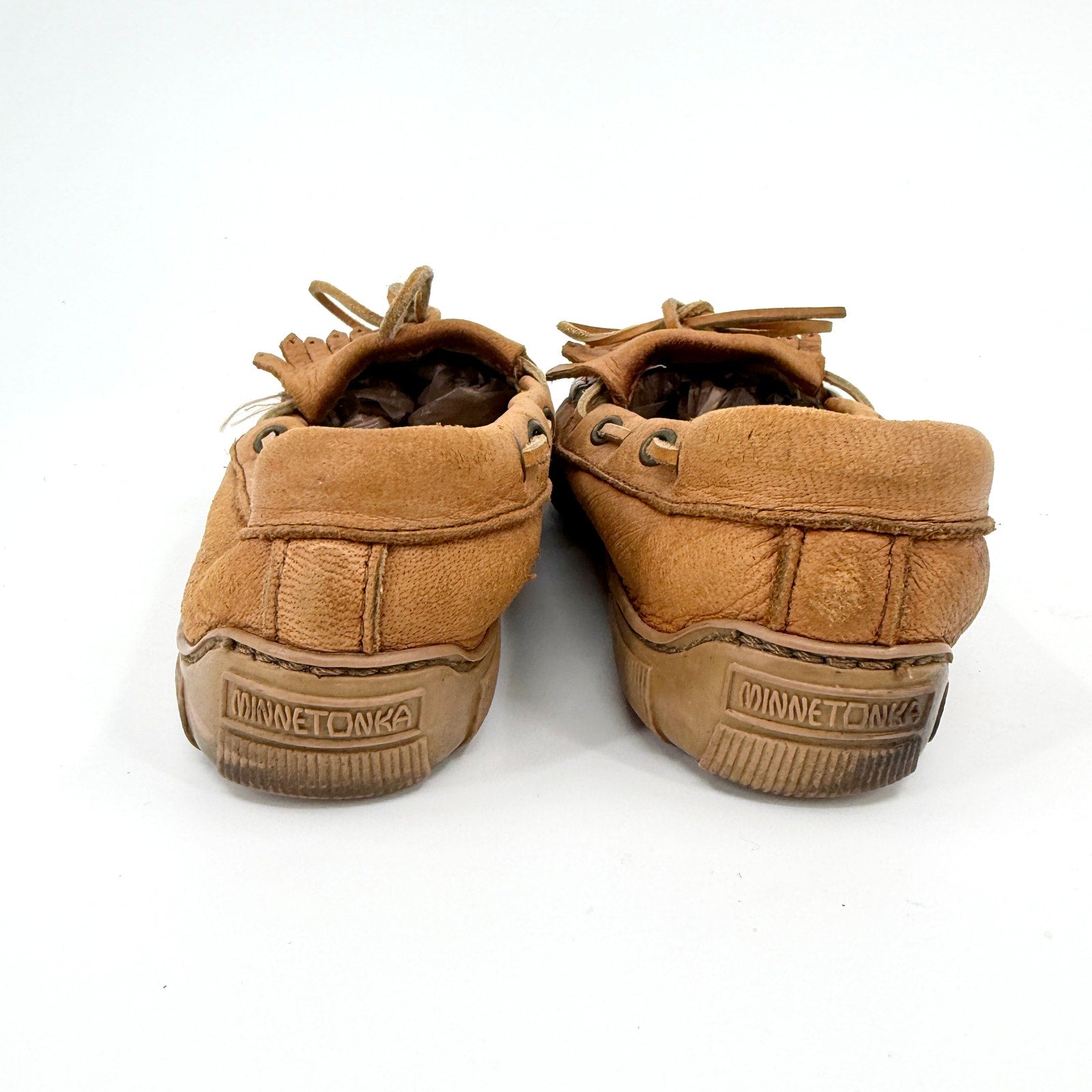 Vintage 90s Minnetonka Tan Genuine Leather Fringe Moccasin Loafers