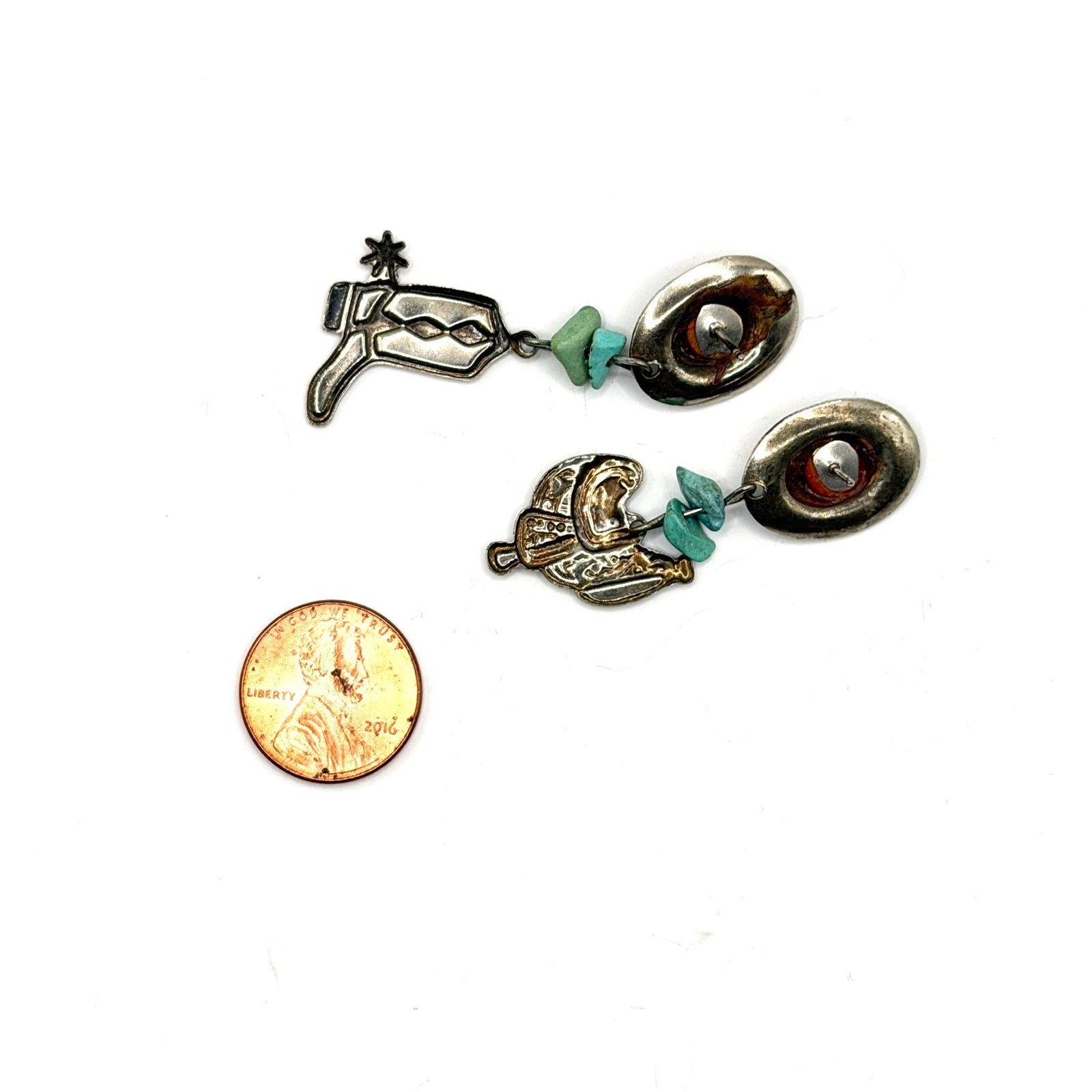 Vintage 90s Silver Turquoise Southwestern Cowboy Boot Saddle Drop Earrings