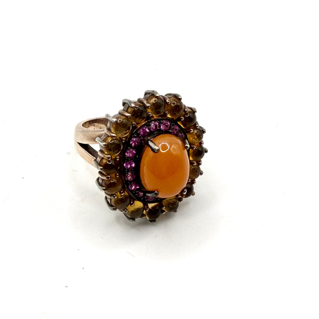 Vintage y2K Orange Jade Sapphire Citrine Sterling Silver Cocktail Ring
