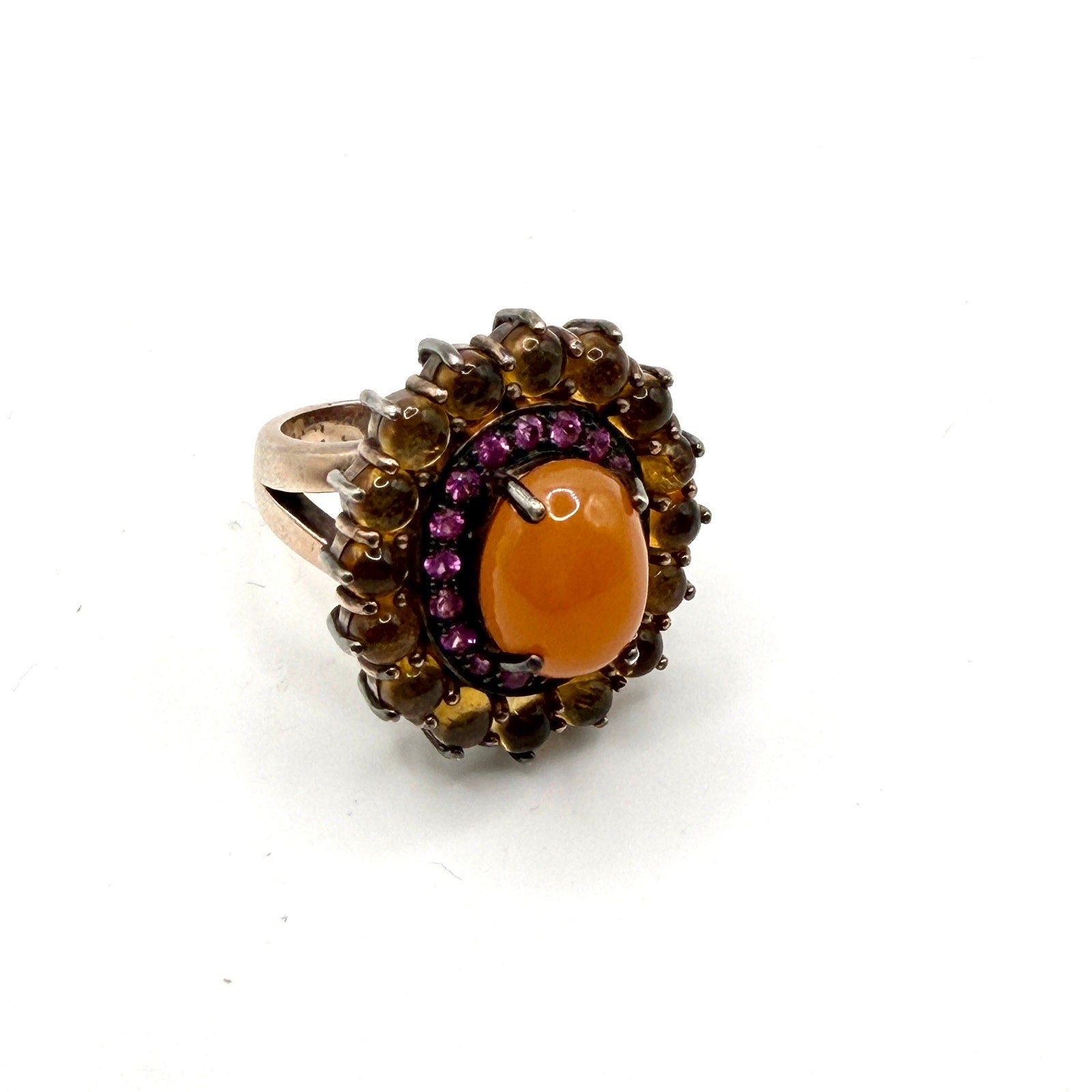Vintage y2K Orange Jade Sapphire Citrine Sterling Silver Cocktail Ring