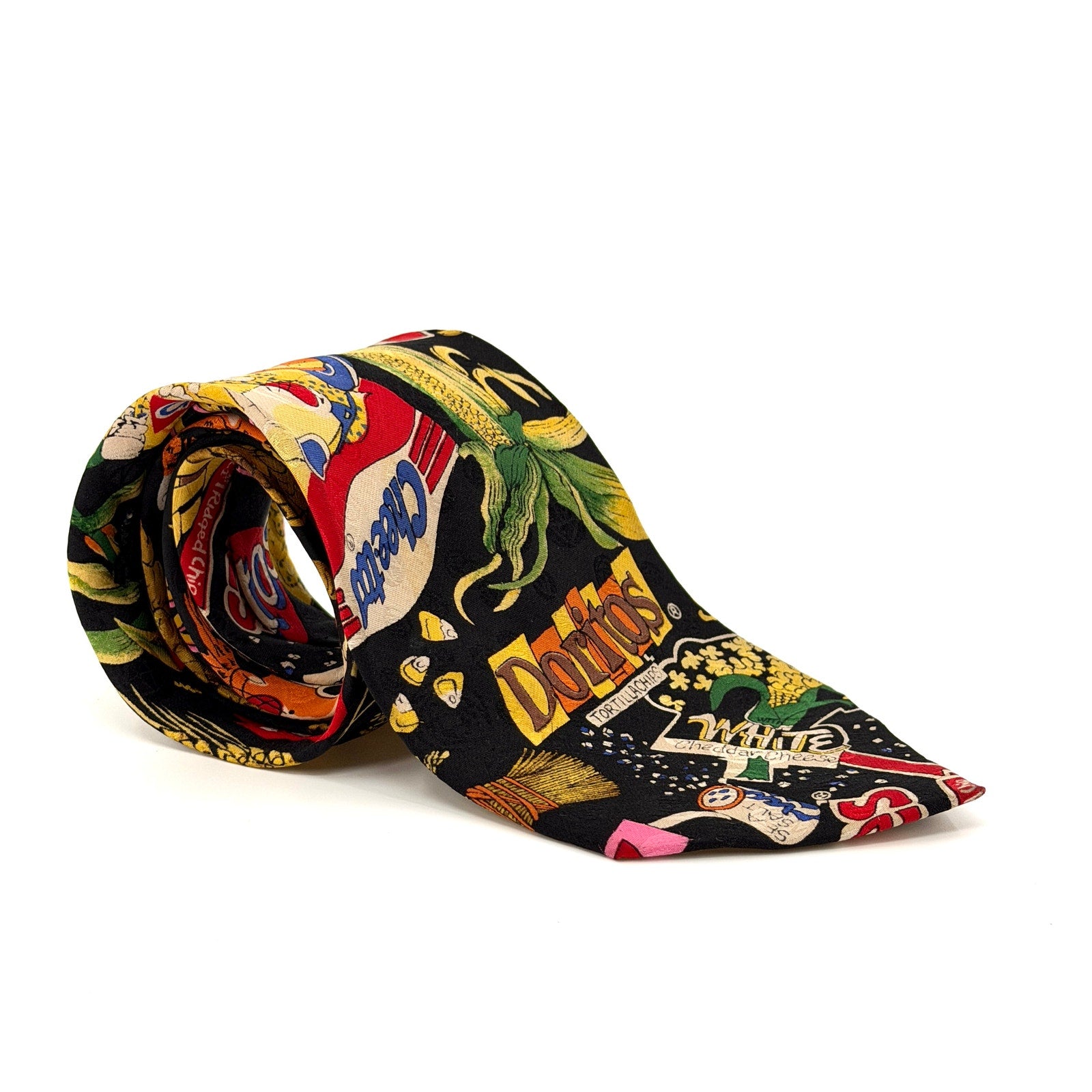 Vintage 90s Frito Lay Black 100% Silk Pop Culture Cheetos Doritos Print Tie
