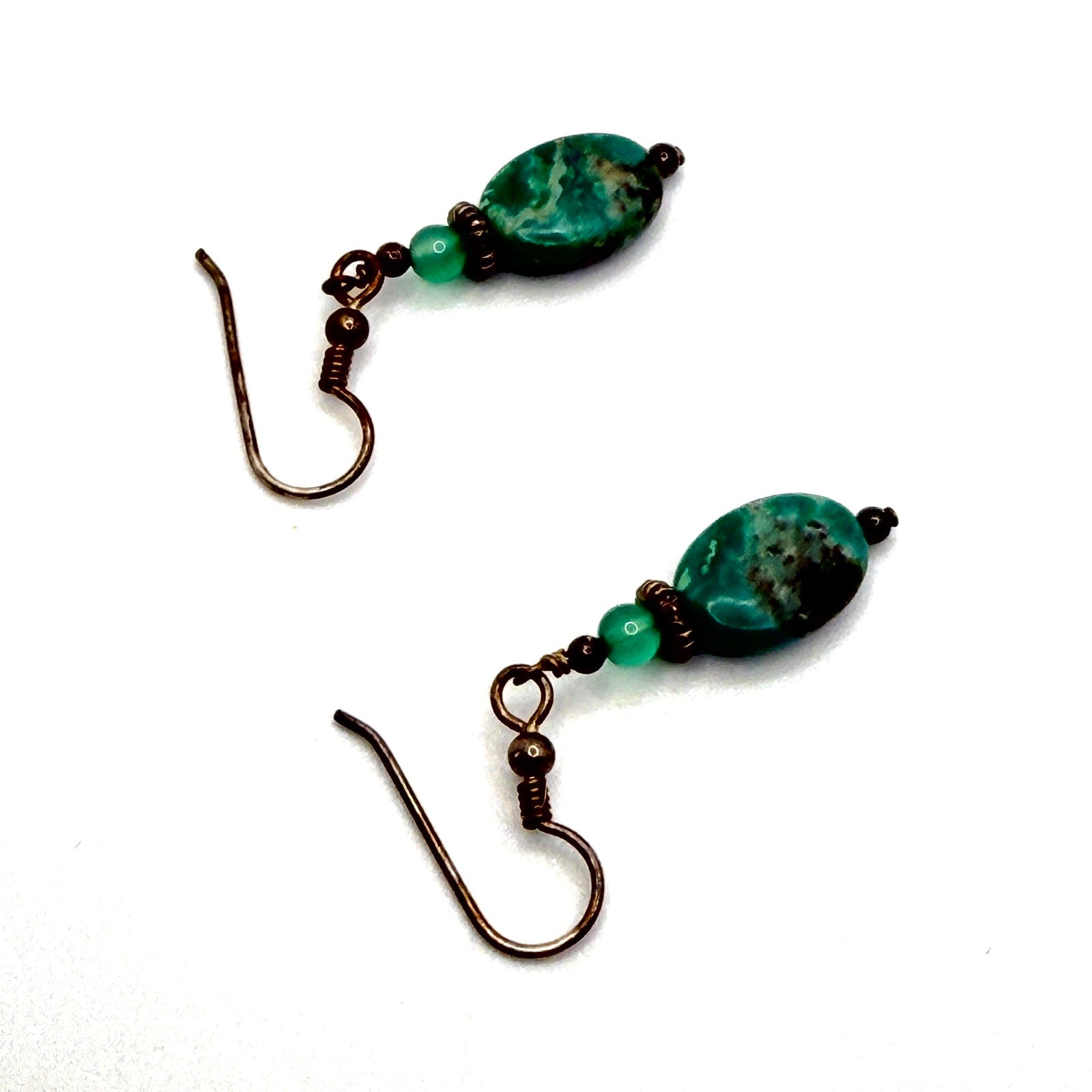 Vintage 90s Artisanal Turquoise Chrysoprase Bronze Beaded Boho Drop Earrings