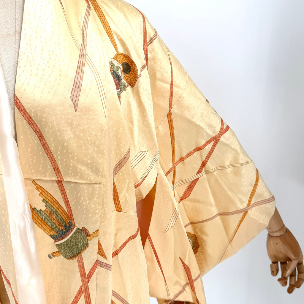 Vintage 80s Yellow Gold 100% Silk Satin Abstract Haori Kimono