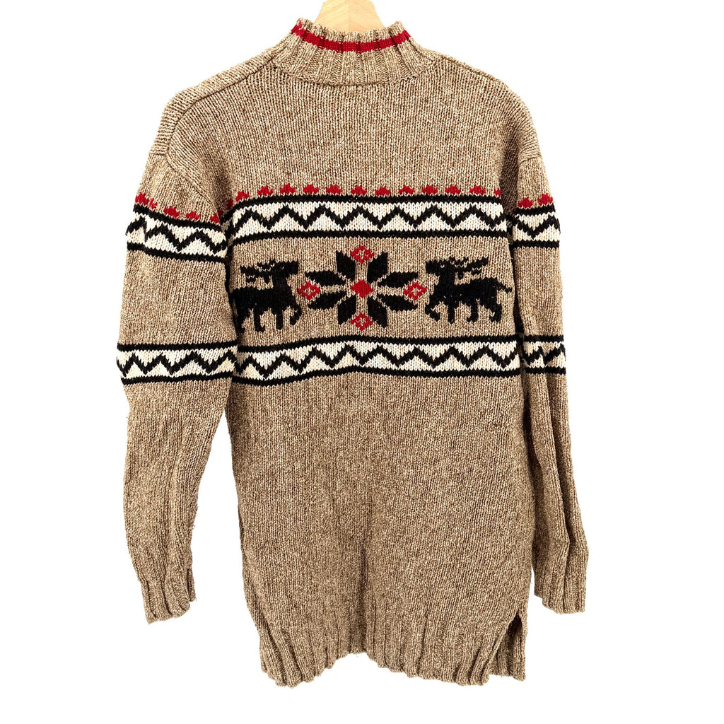 Vintage 90s Eddie Bauer Tan Red Fair Isle Reindeer Silk Blend Sweater