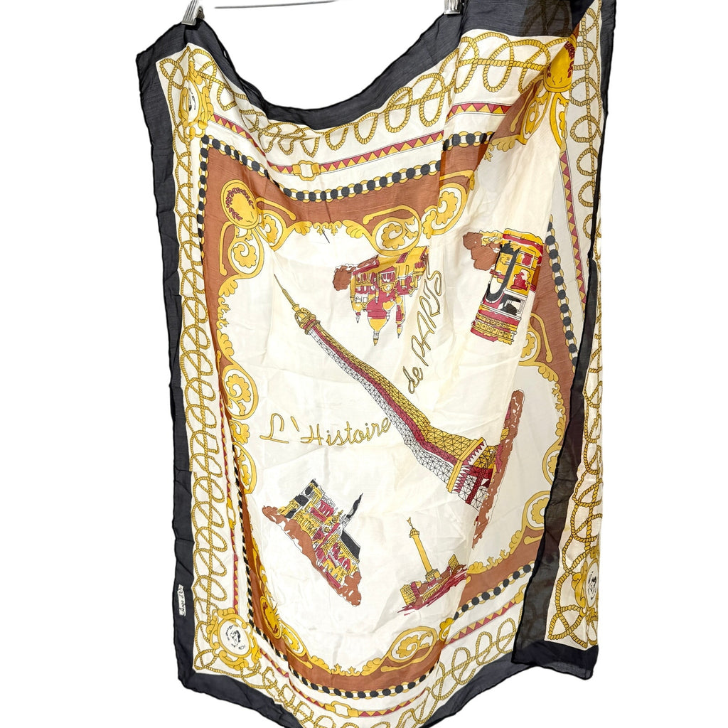 Vintage 80s Ange D'Or de Paris Cream 100% Silk Eiffel Tower Scarf