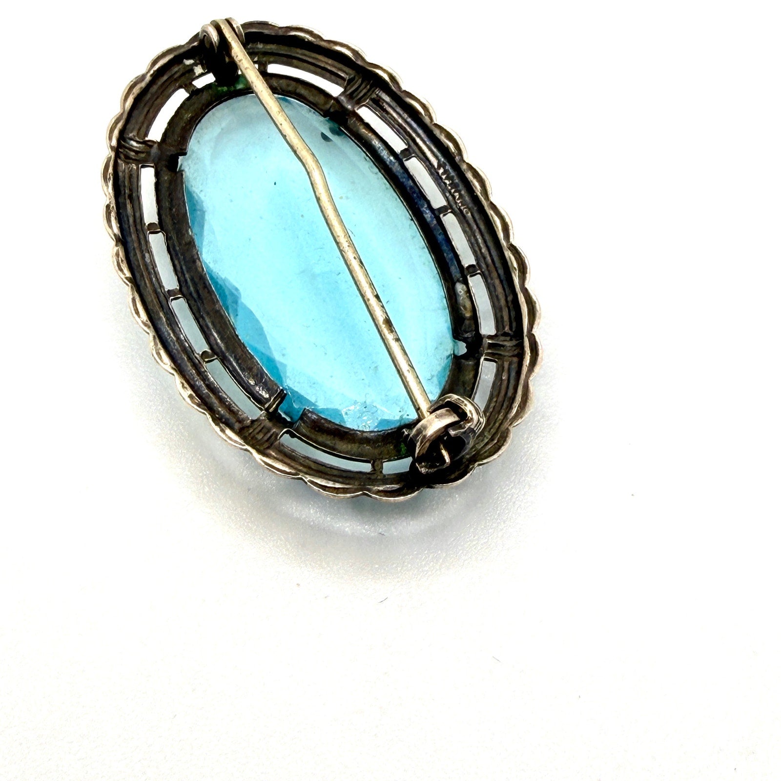 Vintage 50s Light Blue Sterling Silver Stamped Faceted Gemstone Brooch Pendant