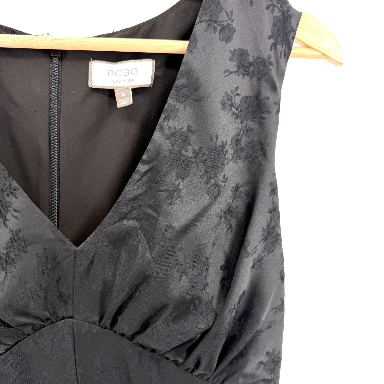 BCBG Black Satin Floral Jacquard Empire Waist Slip Dress