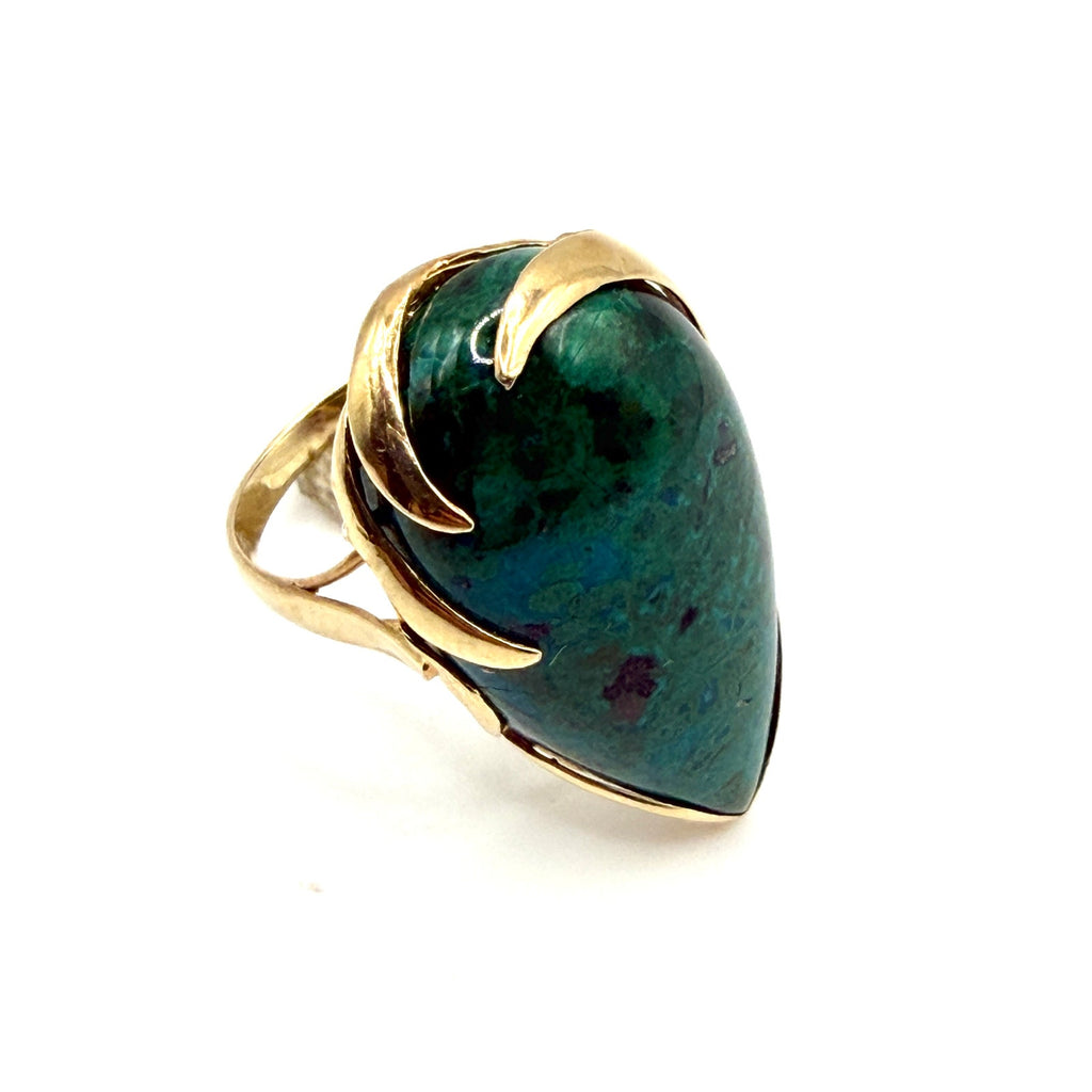 Vintage 70s 14K Gold Green Chrysocolla Modernist Teardrop Cocktail Ring
