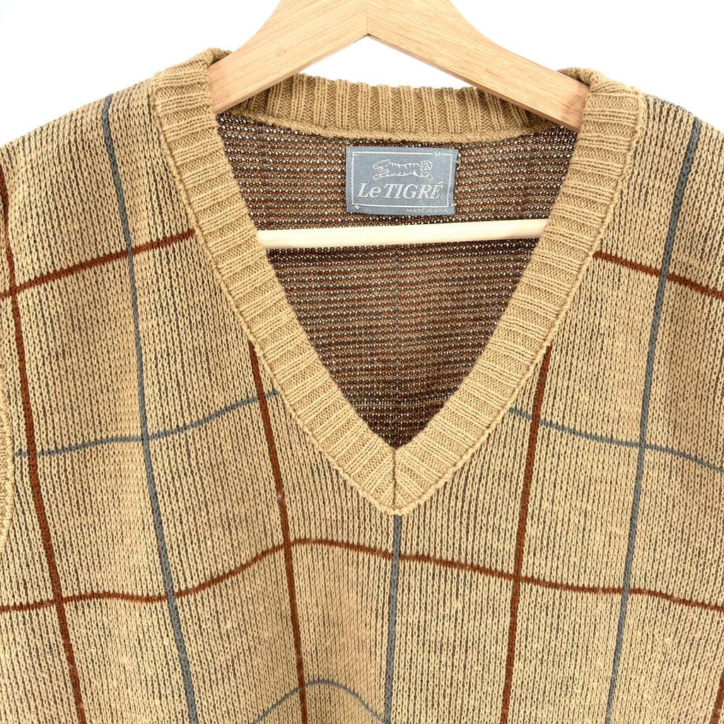 Vintage 80s Le Tigre Tan Plaid Prep V-Neck Sweater Vest
