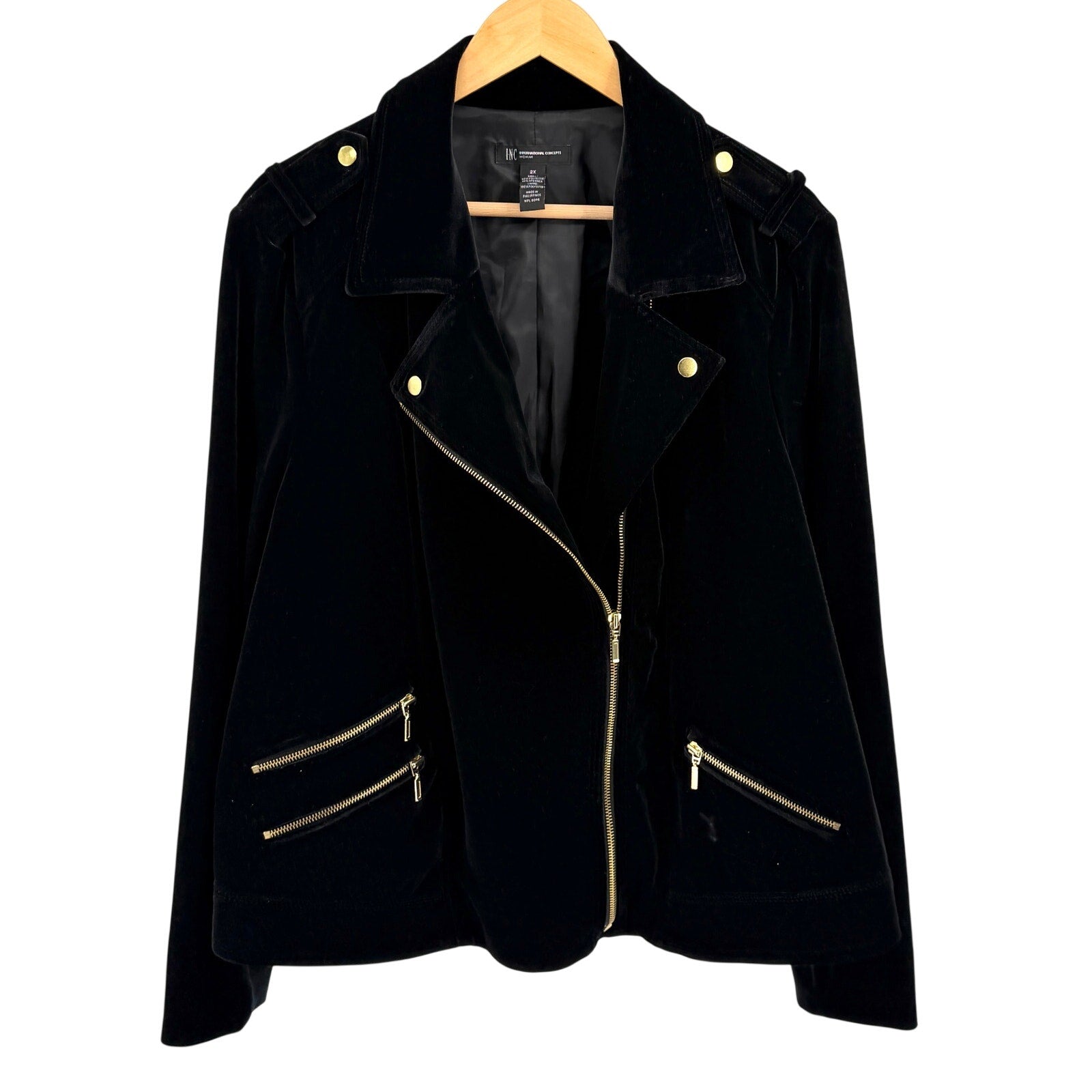 INC International Concepts Black Velvet Gold Hardware Moto Moto Jacket