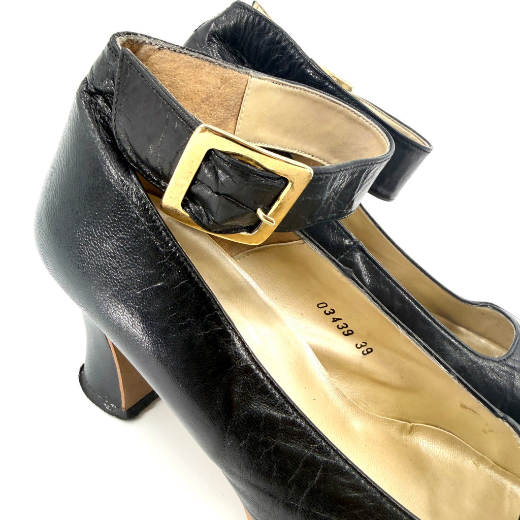 Vintage 90s Gino & Salvatore Black Leather Glam Block Heel Mary Jane Pumps