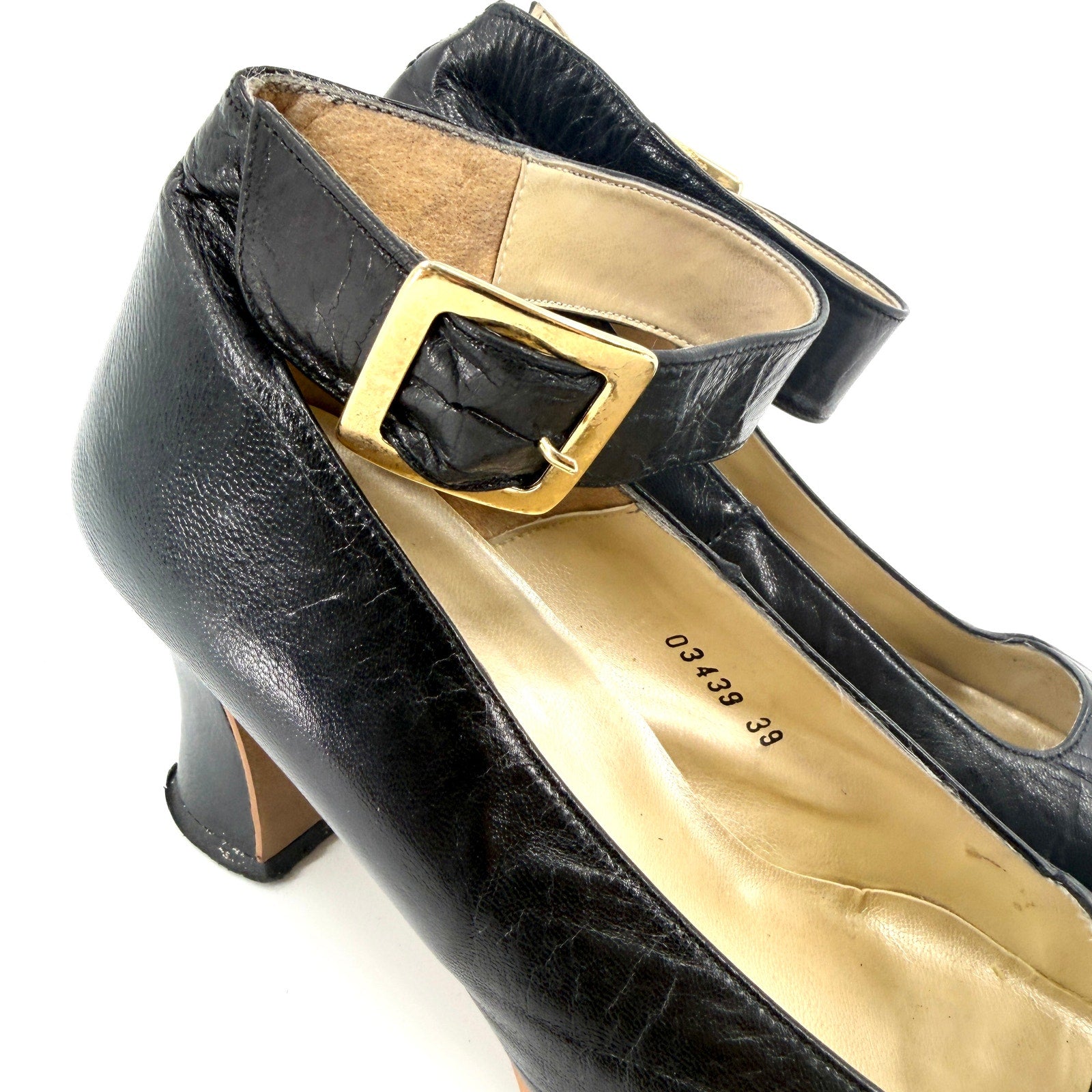 Vintage 90s Gino & Salvatore Black Leather Glam Block Heel Mary Jane Pumps