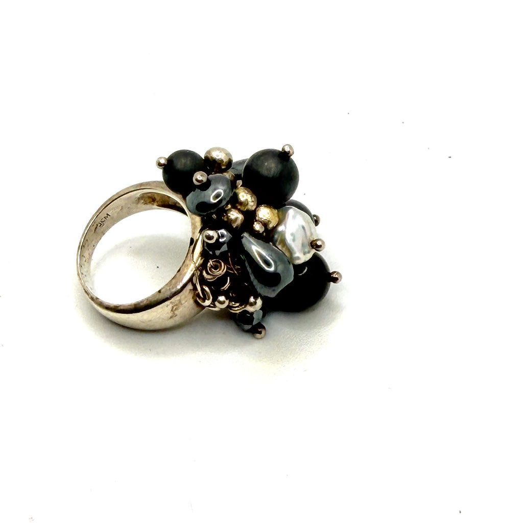 Vintage 90s JCM Signed 925 Sterling Silver Hematite Pearl Cluster Ring