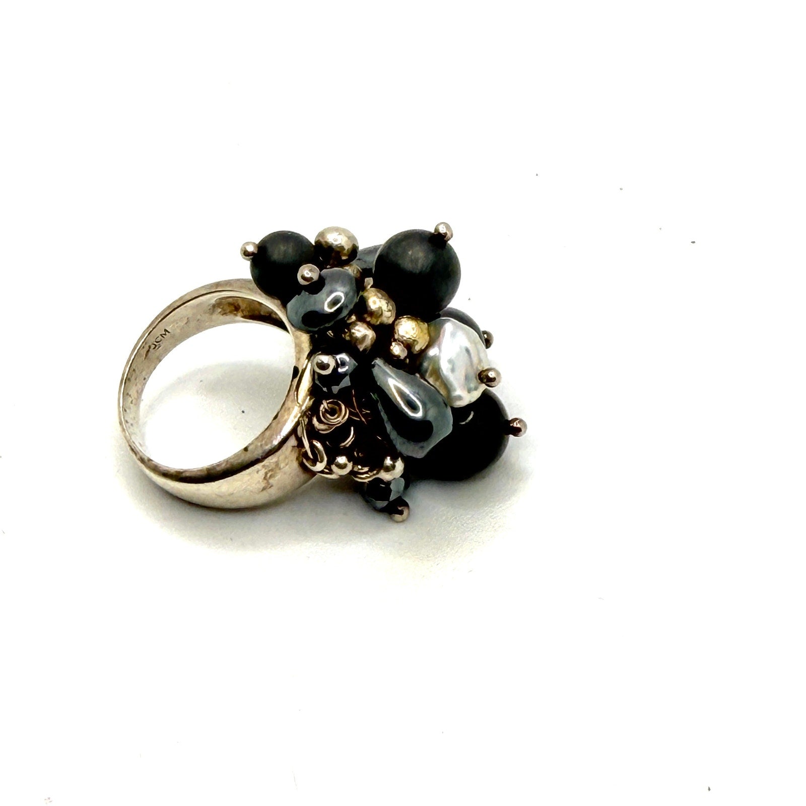 Vintage 90s JCM Signed 925 Sterling Silver Hematite Pearl Cluster Ring