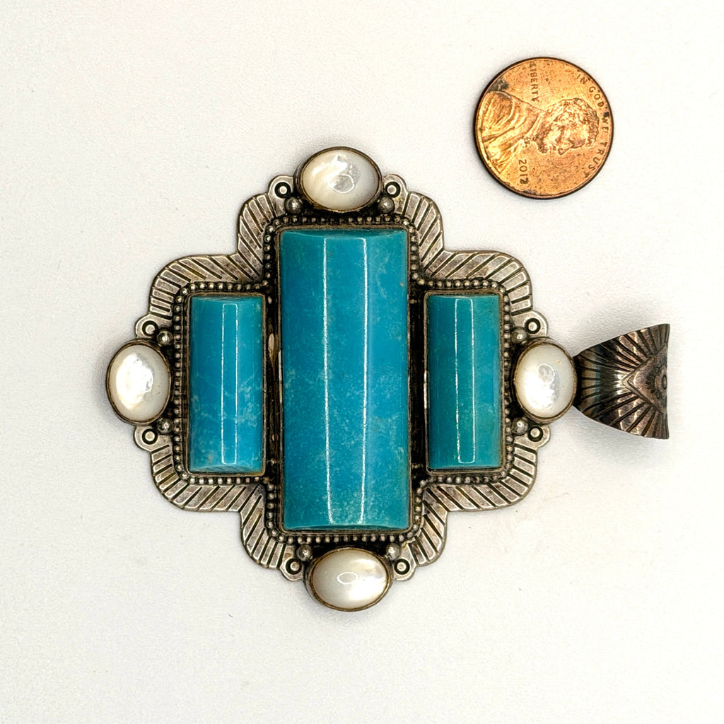 Vintage Y2K D. Troutman Sterling Turquoise Mother of Pearl Signed Pendant