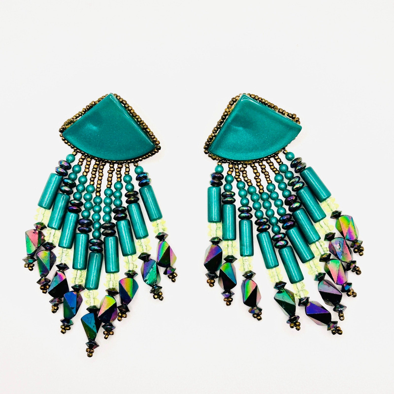 Vintage 80s Handmade Teal Turquoise Beaded Fringe Statement Earrings