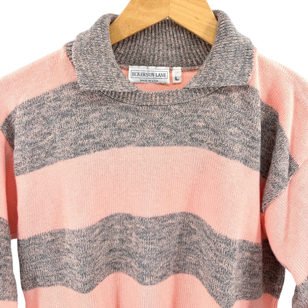 Vintage 80s Eckerson Lane Pink Gray Striped Collared Pullover Sweater