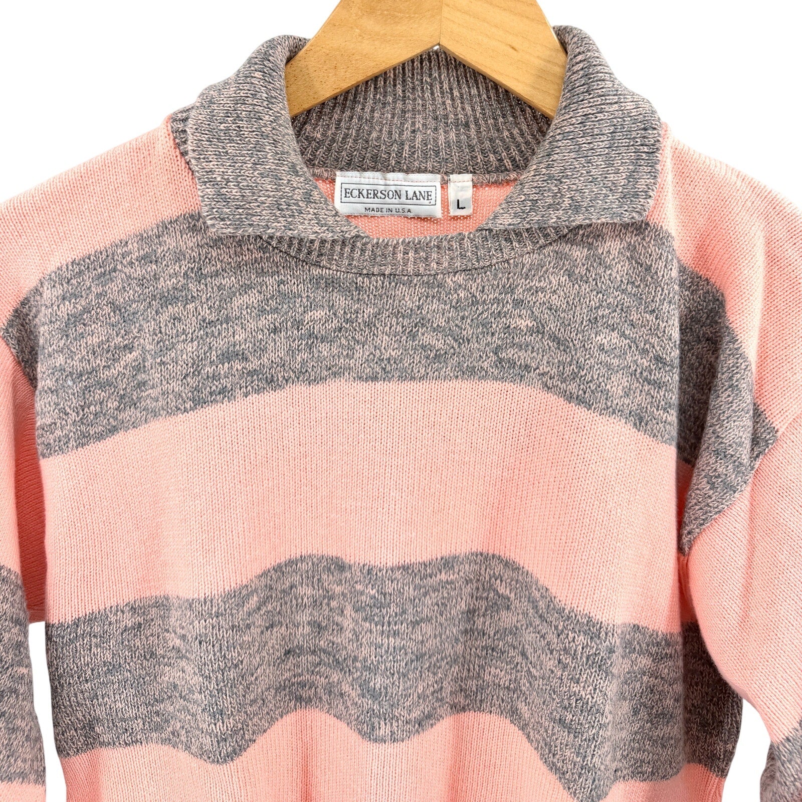 Vintage 80s Eckerson Lane Pink Gray Striped Collared Pullover Sweater
