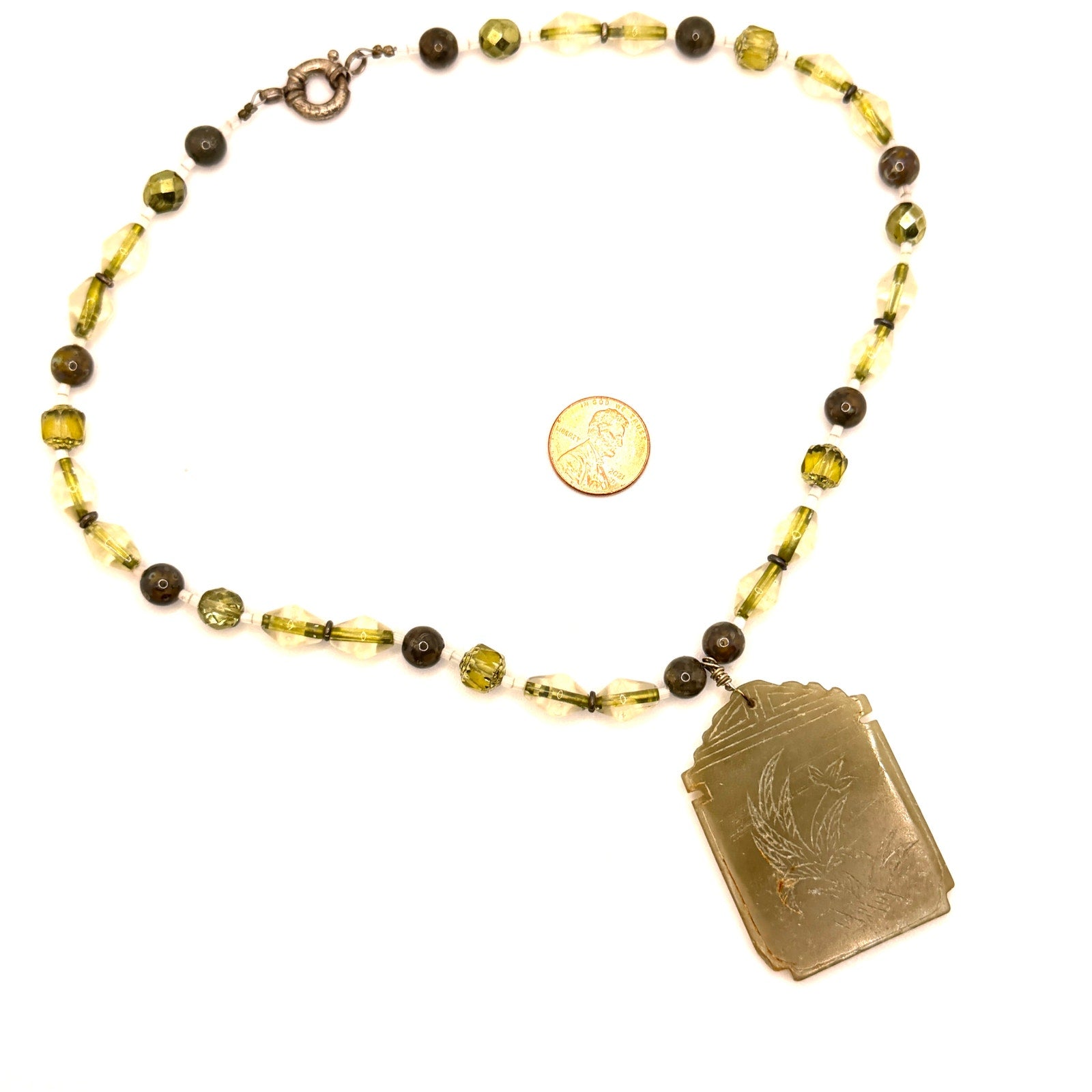 Vintage 90s Chinese Carved Jade Bird Bamboo Etched Calligraphy Pendant Necklace