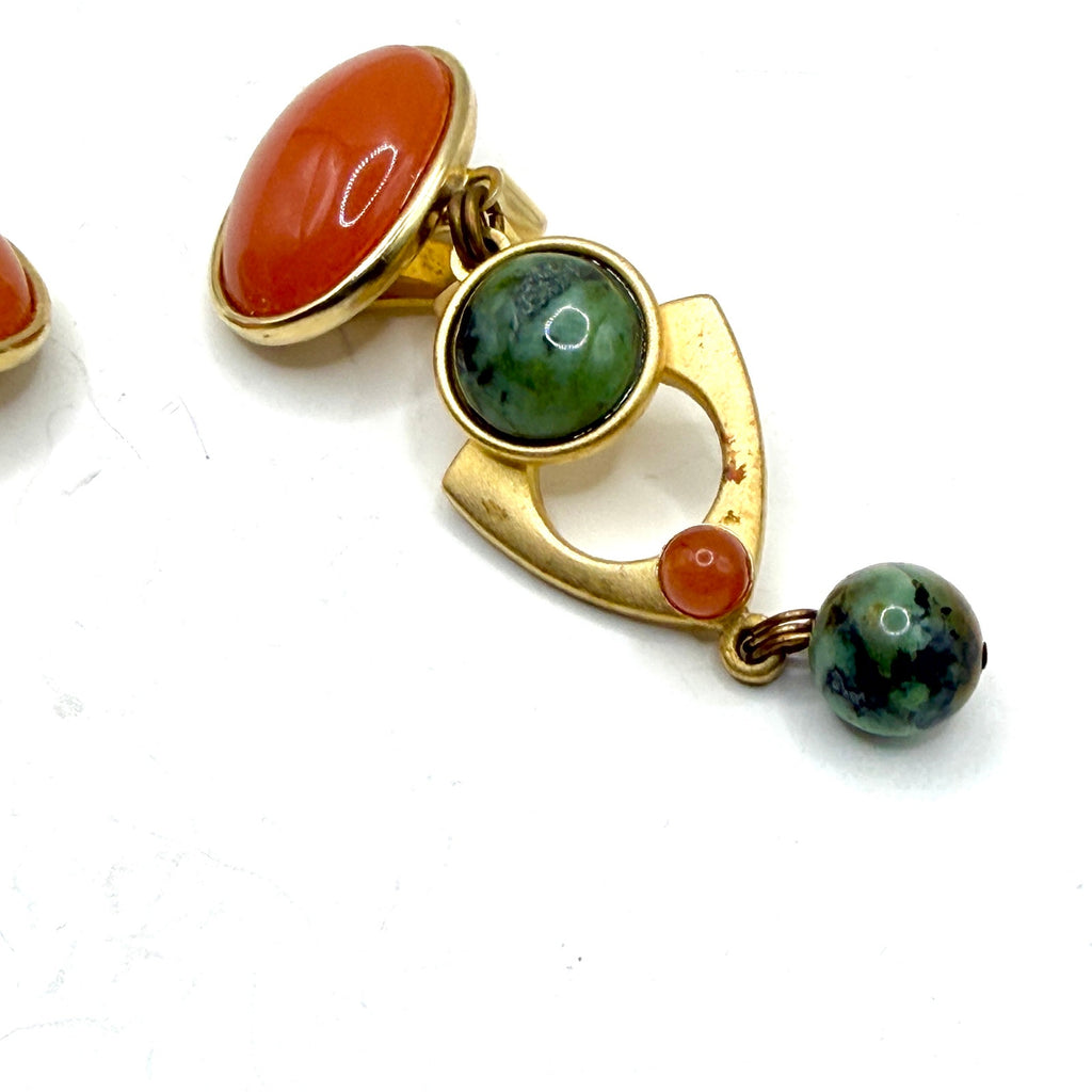 Vintage 80s Gold Orange Green Resin Geometric Dangle Clip On Earrings