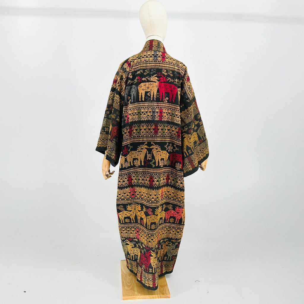 Vintage Handmade Black Multi Animal Embroidered Thai Artistry Maxi Robe