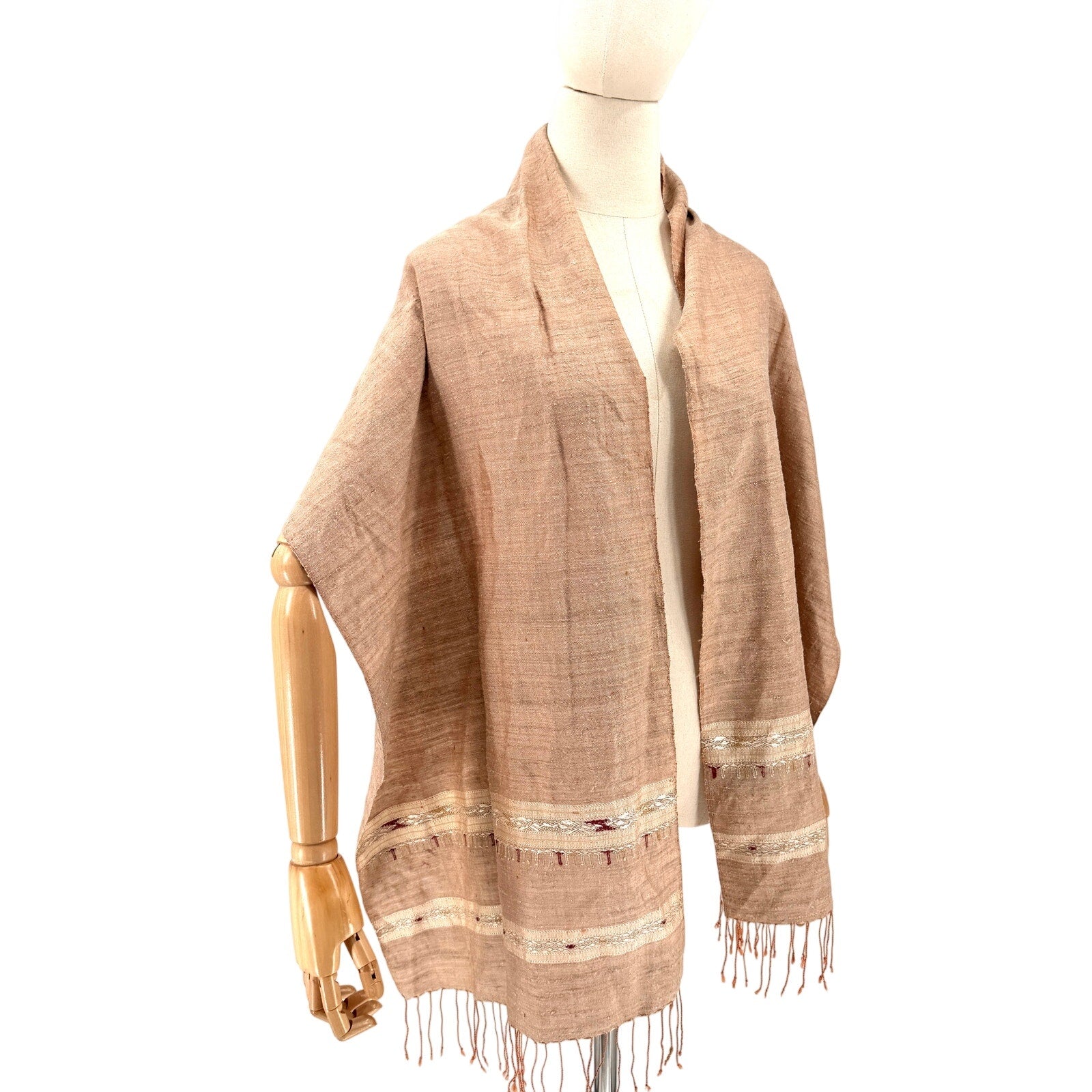 Beige 100% Silk Tribal Woven Raw Texture Fringe Wrap Scarf