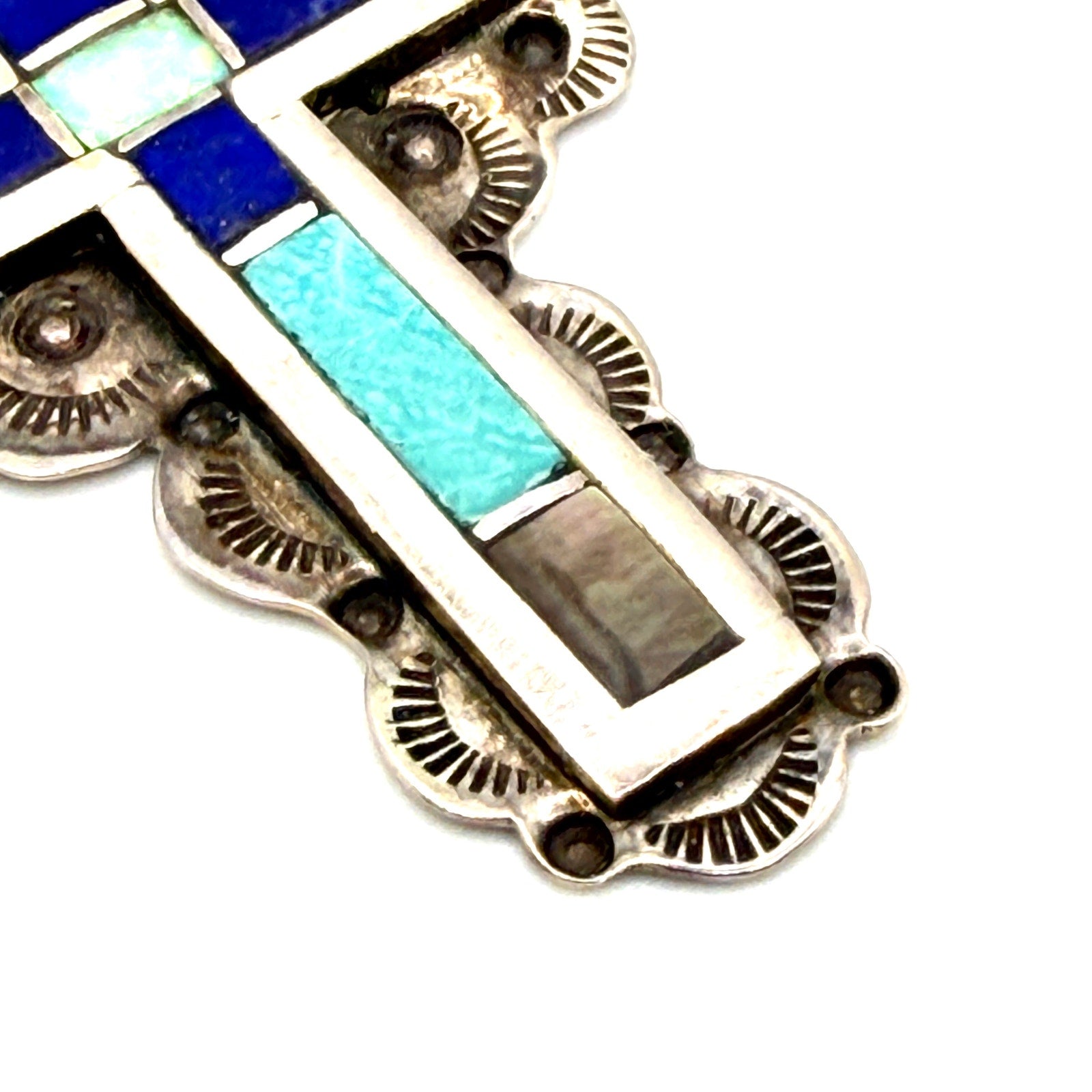Vintage Signed Zuni Blue Sterling Silver Lapis Turquoise Inlay Cross Pendant
