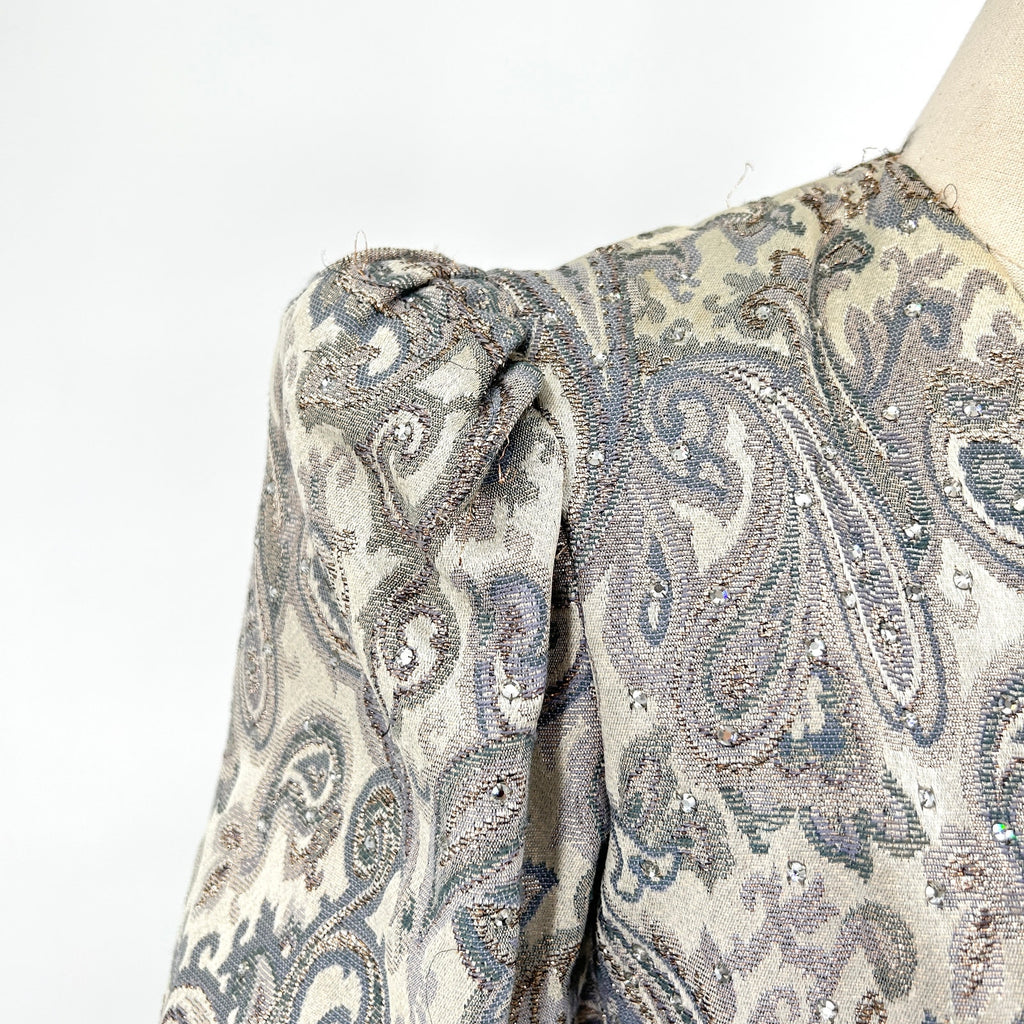 Vintage 80s Ice Blue Silver Brocade Crystal Embellished Mink Cuff Gown Dress