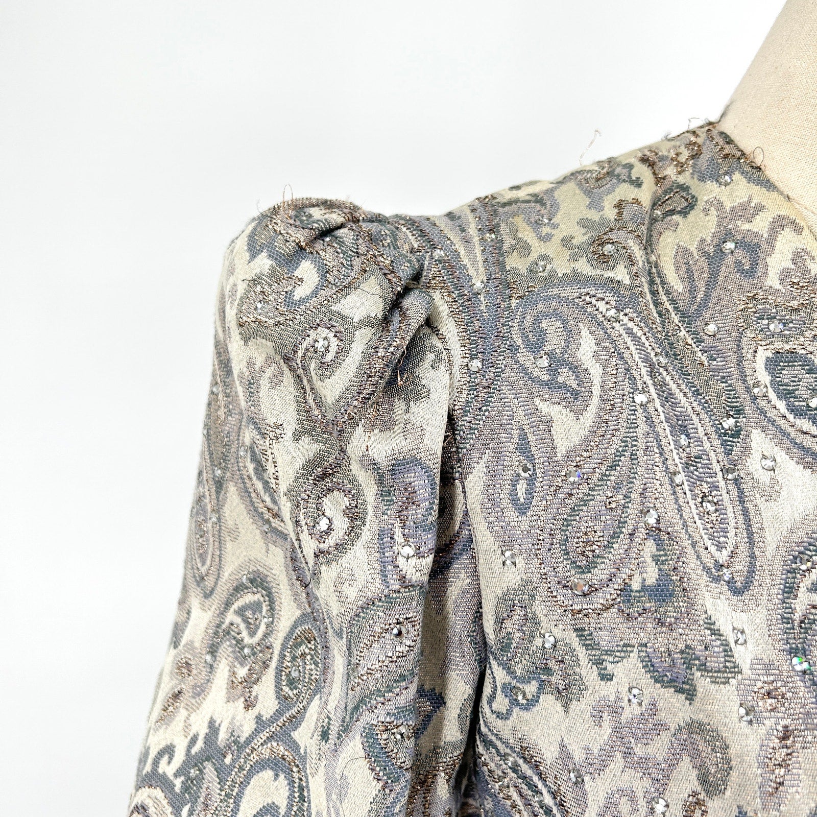 Vintage 80s Ice Blue Silver Brocade Crystal Embellished Mink Cuff Gown Dress