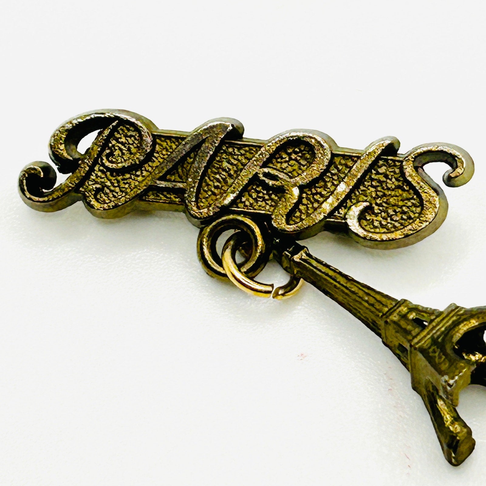 Vintage 60s Paris Eiffel Tower Gold Script Souvenir Brooch Pin