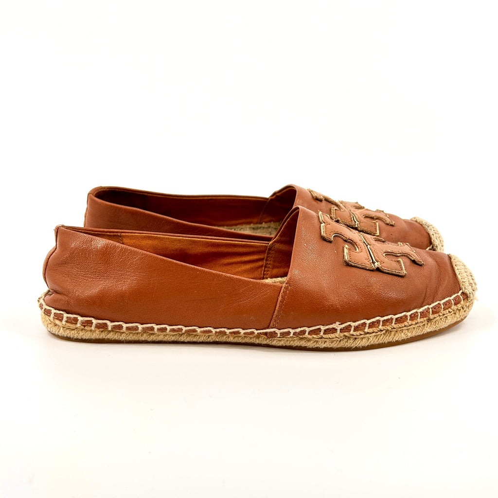 Tory Burch Tan Genuine Leather Logo Jute Espadrille Flats